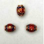 Cloisonné Bead, Barrel-shaped, Red and Blue Enamel, 8x10 mm, ± Hole Diameter 1.8 mm, Gold-tone Metal, 1 pc