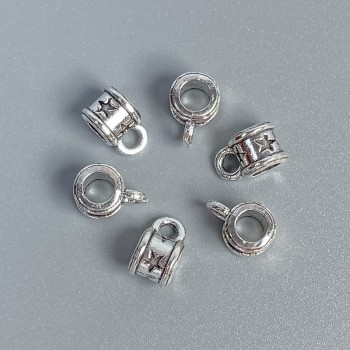 Bead bail, silver-colored metal, size 8×5×6 mm ±, holes 3 mm and 2 mm ±, packaging 20 g (~54 pcs)