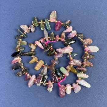 Tourmaline beads galivka 6-14x4mm+- with seed beads on thread, length 39 cm+