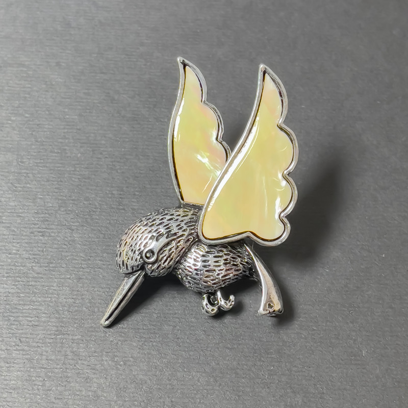 Mother-of-Pearl Hummingbird Brooch-Pendant, Silver-Toned Metal, 48x30mm+