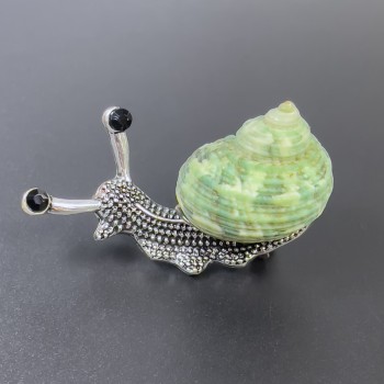 Snail Brooch Pendant, Green Color, Silvery Metal, 53x26mm ± Black Crystals