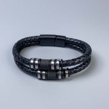 Double-layer men's bracelet in black eco-leather, 10-20mm thickness ± with metal inserts, length 22cm ±, black metal clasp