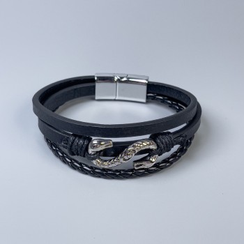Men's black eco-leather bracelet with metal inserts, thickness 10-20 mm +/-, length 22 cm +/-, silver-tone metal on clasp