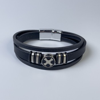 Men's eco-leather bracelet, black with metal inserts, thickness 10-22mm+-, length 22cm+-, silver-tone metal on the clasp