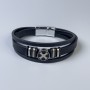 Men's eco-leather bracelet, black with metal inserts, thickness 10-22mm+-, length 22cm+-, silver-tone metal on the clasp