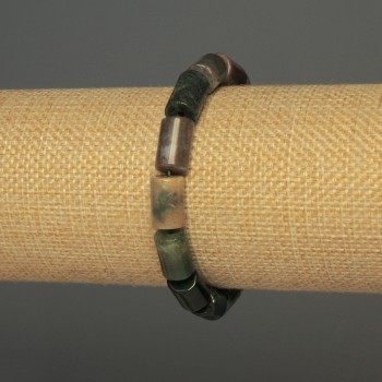 Moss Agate Bracelet, Cylindrical Beads, 12×8 mm, 18 cm, Stretch (Elastic)