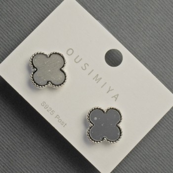 Stud Earrings Clover 14mm ± Black, Silvertone Metal