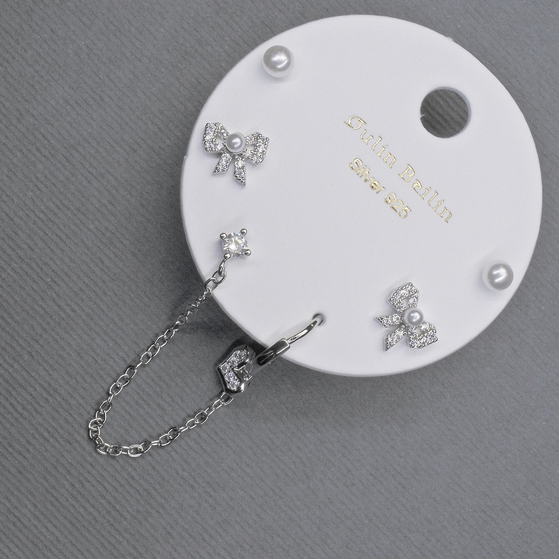 Stud Earrings with Cap, Silver-Colored Metal and White Crystals