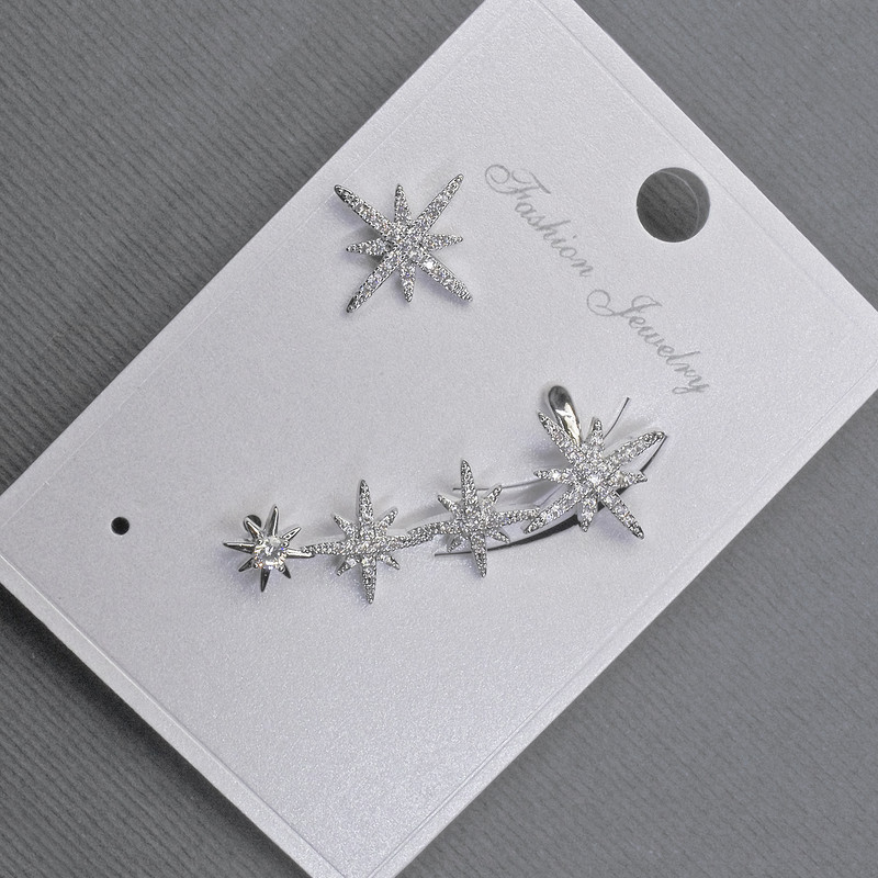 Stud Earrings with kaf on the earlobe, silver-toned metal, 13x37mm +- white crystals