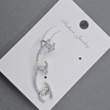 Cafe Earring for the Earlobe, Silver-Tone Metal, 10x42mm ± White Crystals