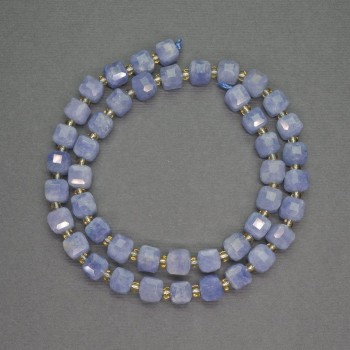 Aquamarine beads, faceted cube, 7 mm diameter ±, seed beads diameter 3 mm ±, length 39 cm ±