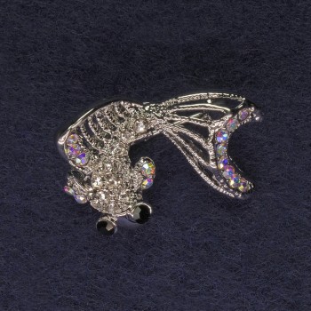 Fish Brooch with Rainbow Crystals, Silver-Colored Metal, Diameter 28×18 mm +