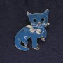Cat Brooch blue enamel with black crystals, silver-toned metal, 40×23mm+