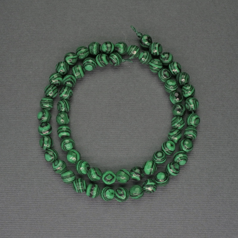 Malachite Beads, Faceted Round Balls, 6 mm Diameter ± on Thread, 36 cm Length
