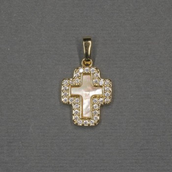 Cross pendant with mother-of-pearl inlay 13×15×18×2.5 mm - golden-toned metal