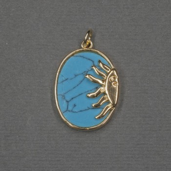 Sun Pendant with Turquoise Inlay (pressed) 17x20x24x3mm ± gold-tone metal