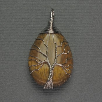 Drop Pendant with Tiger's Eye, 24x35x48 mm - braided in silver-plated metal