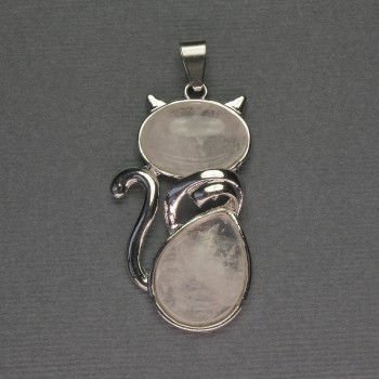 Cat Pendant with Rock Crystal 25x51mm ± Silver-Tone Metal