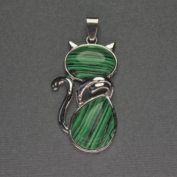 Cat Pendant with Malachite 25×51 mm, Silver-Colored Metal