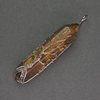 Pendant Tiger's Eye Hexagonal Crystal 12x50x57mm ± in a Silver-Plated Weave