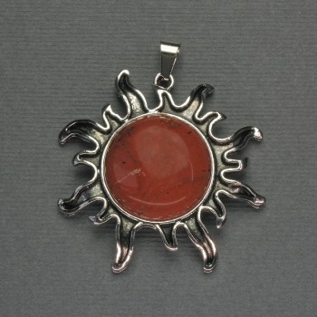Sun Pendant with Red Jasper, 42mm ±, 48mm length, Silvery Metal
