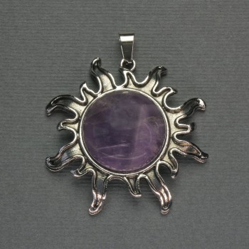 Sun Amethyst Pendant, 42mm, 48mm long, silver metal
