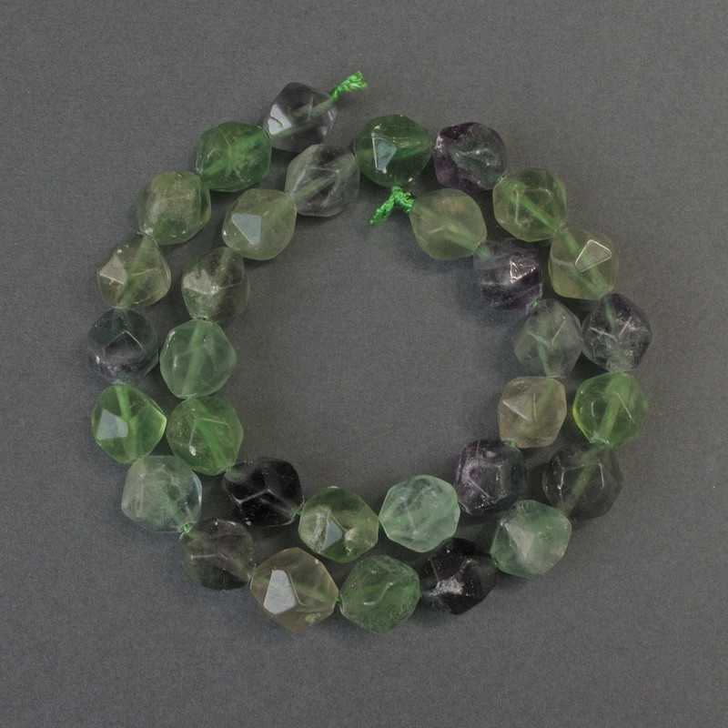 Fluorite beads, faceted, 12x10mm on thread