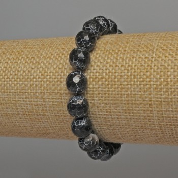 Black Fire Agate Bracelet with Faceted Beads, 9.5 mm Diameter, 18 cm Length, Stretch