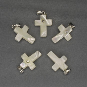 Pendant Mother-of-Pearl Cross 30x20x15 mm with White Crystals, Silver-Tone Metal