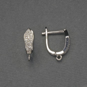 Silver-tone earring hooks with white rhinestones 16×5 mm - pair