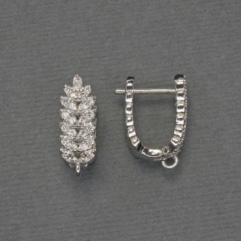 Ear hooks for earrings with white rhinestones, silver-tone metal, 18x6.5 mm, pair