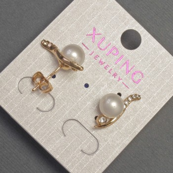 Xuping Stud Earrings with White Crystals and Pearl, 9 mm Diameter, 20 mm Length, 18K Gold Plating