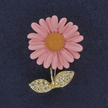 Brooch Daisy with White Rhinestones and Pink Enamel, Gold-Tone Metal 39x32mm+