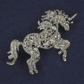Unicorn Brooch with White Crystals, Silver-Tone Metal 47×35mm+