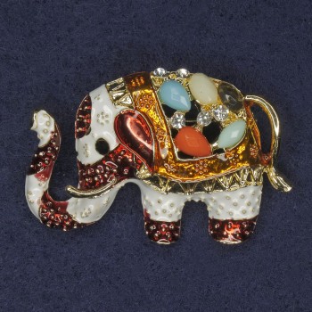 Elephant Brooch with Crystals and Assorted Stones, Enamel, Gold-tone Finish, 40x28 mm+