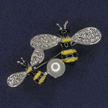Bees Brooch: Yellow and Black Enamel, Pearl, White Crystals, Silver Metal 30x37mm+