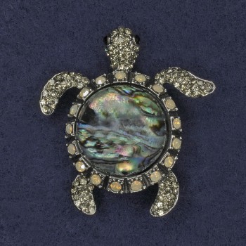 Turtle Howlite Brooch Pendant with Crystals, Silver Metal 45x50mm+
