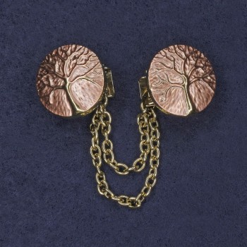 Brooch for cardigans, pink enamel, gold-tone metal, diameter 20 mm ±, chain length 9 cm+