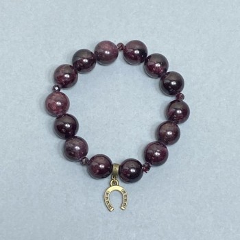 Garnet Bracelet with Smooth Beads, 12 mm Diameter; Faceted Beads 4 mm; with Metal Inlay, Length 18 cm Stretch