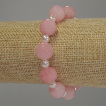 Bracelet Pink Quartz Smooth Beads, 12mm diameter; Pearl Smooth Beads, 6mm; 18cm stretch