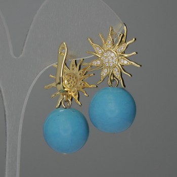 Earrings with imitation turquoise beads, ball-shaped, 15 mm diameter, 24 mm length