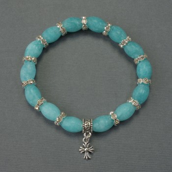 Aquamarine Bracelet with Grain Beads, 12×8 mm Diameter, +/- with Metal Inserts, Length 18 cm +/- Stretch