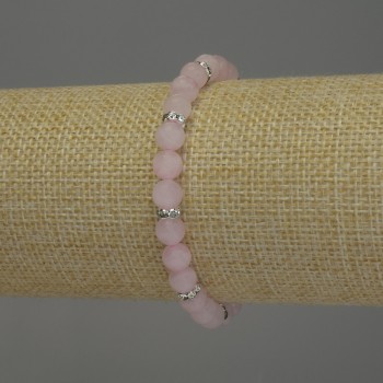 Rose Quartz Bracelet with Smooth Beads, 6 mm Diameter, with Metal Inserts, 18 cm Length, Stretch