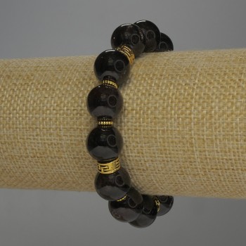 Garnet bracelet with smooth beads, 12 mm diameter, 18 cm length, stretch base with metal inserts