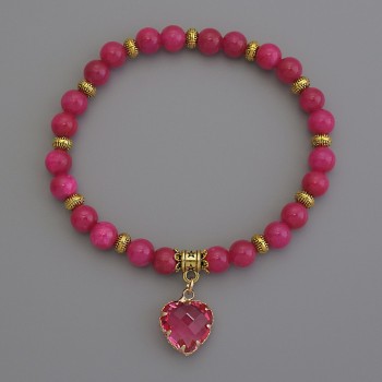 Raspberry acrylic bracelet with smooth beads, 6 mm diameter +/- with metal inserts, length 18 cm+