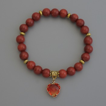 Red Jasper Bracelet with Smooth Round Beads, 8mm Diameter, with Metal Inserts, 18 cm Length, Stretch