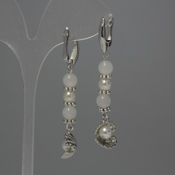 Earrings with White Quartz Bead, 6 mm diameter, with Artificial Pearl Bead 6 mm, length 56 mm