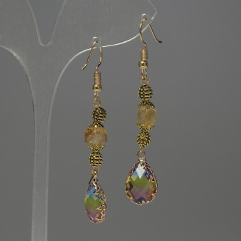 Citrine Earrings - Faceted Cube, diameter 7 mm ±, crystal in bezel setting 14x10 mm ±, length 58 mm ±