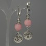 Pink Quartz Bead Earrings 12mm ± with Metal Inlays, Length 60mm+