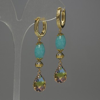 Aquamarine Seed Earrings, diameter about 12 mm; Cloisonné element 7 mm; Crystal in bezel 14×10 mm; total length about 58 mm